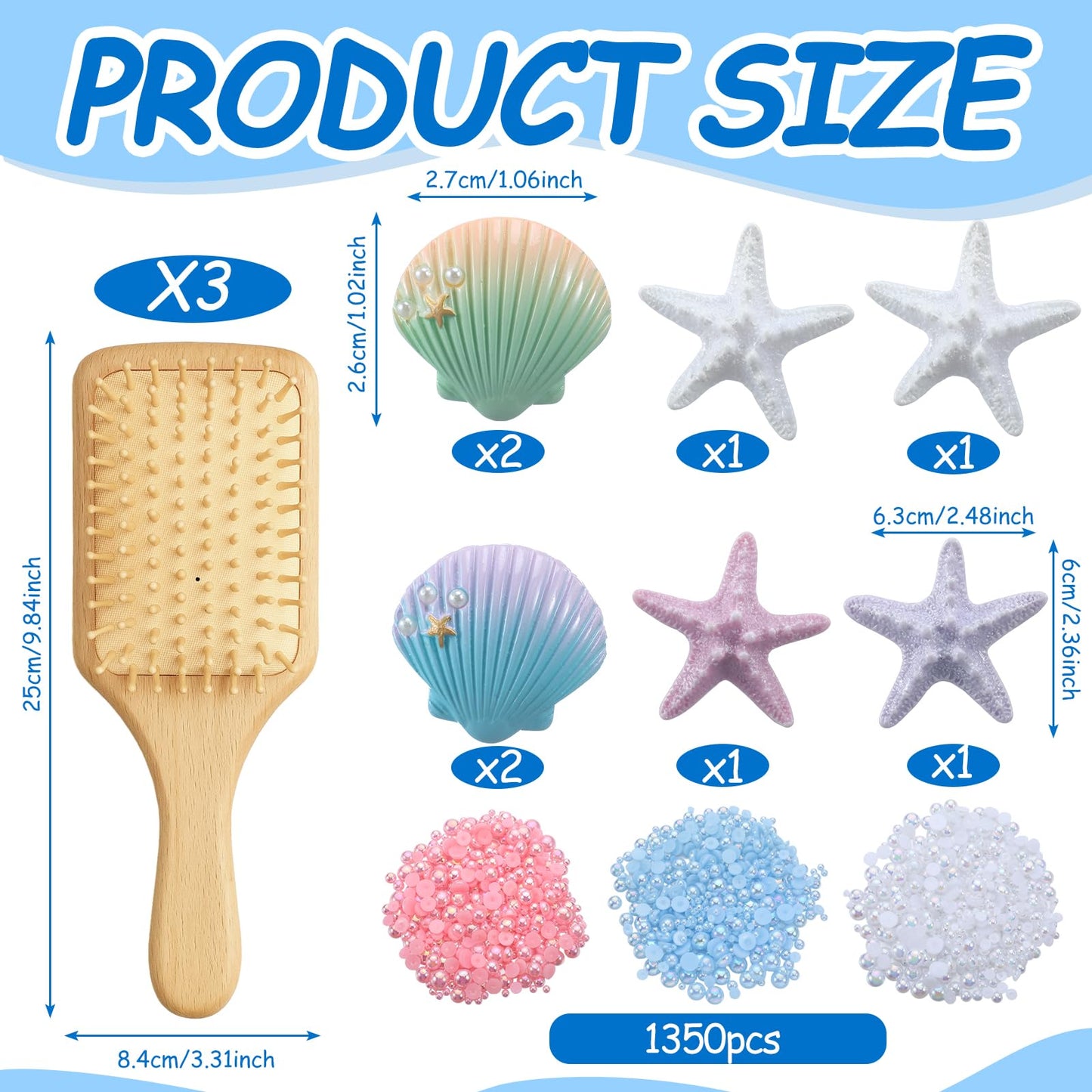 LemonRoad 3 Pcs DIY Pearl Shell Hair Brush Kit Make Your Own Hair Brush with Resin Shells Simulated Starfish Half-pearls, Hairbrush Accessories for Women, Bridal & Baby Shower Wedding Gift