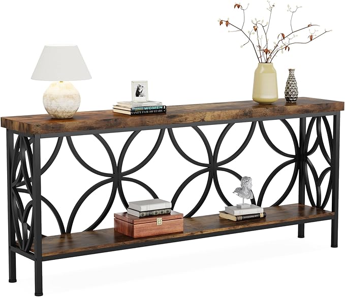 LITTLE TREE Sofa Table, 70.9 Inch Industrial Behind Couch Table with Storage Shelves, Narrow Long Console Table for Entryway, Living Room, Foyer, Hallway, Office