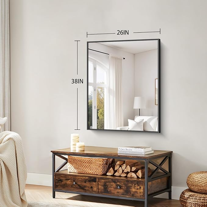Koonmi Black Framed Bathroom Mirror - Shatterproof 38"x26" Tempered Glass, HD No Distortion, Horizontal/Vertical Mount, Modern Matte Aluminum Alloy Frame