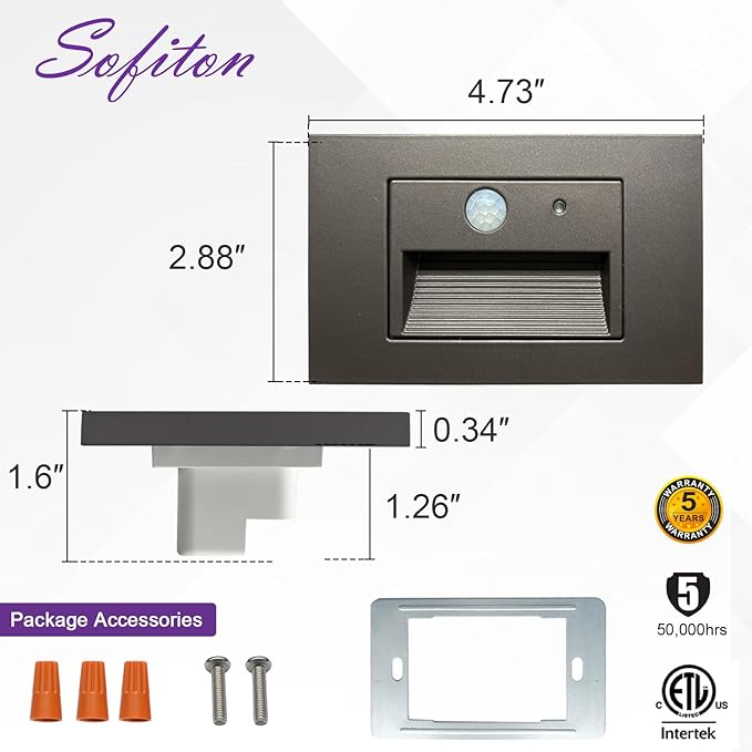 8-Pack Horizontal LED Step Lights, Motion Sensor & Dusk to Dawn, IP65 Waterproof, 3000K-5000K Adjustable, Anti-Glare Louvered, 3W 120V Stair Lights Indoor Outdoor, Bronze, ETL Certified