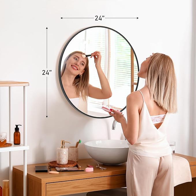 Sweetcrispy Black Round Wall Mirror 24 Inch, Bathroom Mirrors for Over Sink, Circle Mirror for Bathroom, Entryway, Bedroom, Vanity