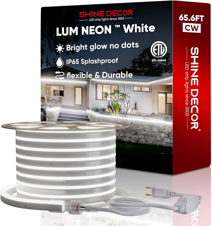 Shine Decor LED Neon Rope Lights AC 120V, Expandable & Cuttable 120LEDs/M Bright Strip Lighting, ETL Cold-Resistant & IP65 Waterproof for Indoor Outdoor, 8x16mm, 6300K Cool White, 65.6ft