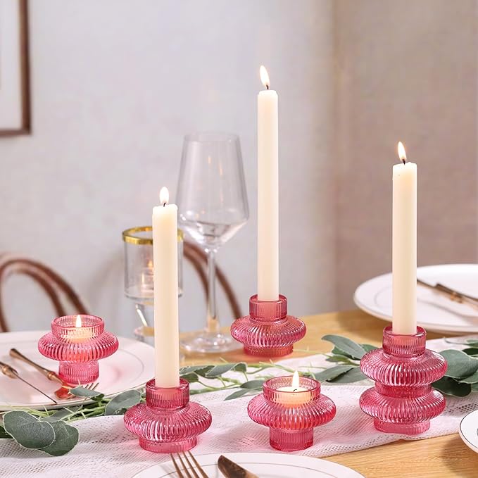 Pink Candlestick Holders Set of 10, Pink Glass Candle Holders for Pillar Candles, Taper Candle and Tealight Candles, Taper Candle Holders for Wedding, Table Centerpiece