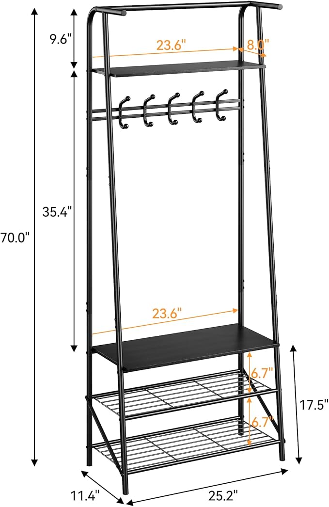 Coat Rack Hall Tree with Shoe Storage Bench, 4-in-1 Entryway Organizer, 5 Hooks & 3-Tier Shoe Rack, Freestanding Metal Frame for Hallway, Front Door
