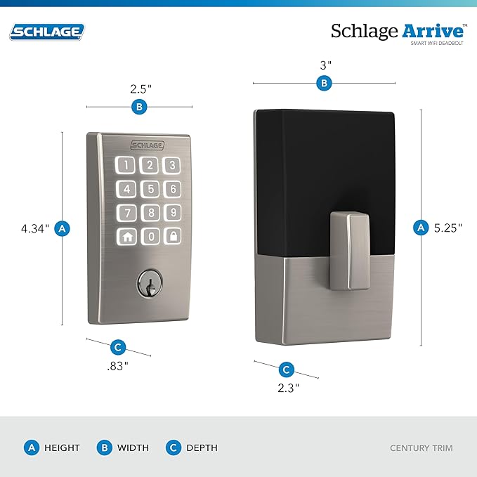 Schlage Arrive WiFi Deadbolt Smart Lock, Keyless Entry Door Lock with Century Trim, Satin Nickel, Compatible with Alexa and Google, BE459WB CEN 619
