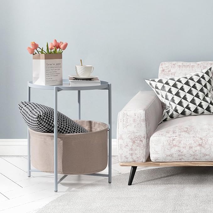 danpinera Round Side Table with Fabric Storage Basket, Metal Side Table Small Bedside Nightstand with Removable Tray Top for Living Room, Bedroom, Nursery, Laundry, Blue-Gray