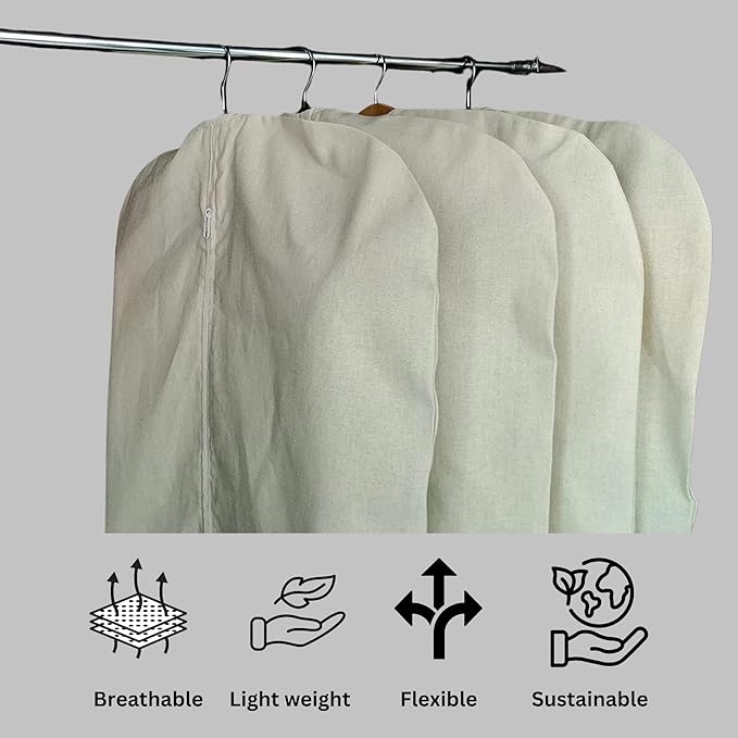 Garment Bag for Hanging Clothes – Organic Cotton Suit & Coat Cover with Zipper | Breathable Closet Organizer for Travel & Storage (Small (24"x35"), Off-White)
