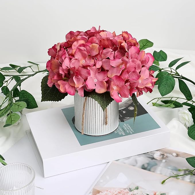 Flower Table Centerpieces - Set of 6 Floral Arrangement Artificial Wedding Hydrangeas Floral Arrangement with Rustic Metal Vase for Bridal Tea Party Event Decorations - Dusty Pink