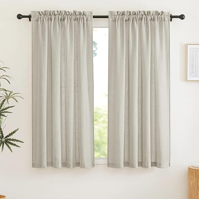 RYB HOME Linen Sheer Curtains - Natural Fibers Linen Blended Semitransparent Curtains & Drapes UV Protection Thermal Insualted for Classroom Camper Bunk Bed, W 52" x L 63", Angora, Set of 2