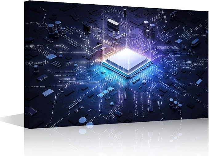 TUMOVO 1 Piece Canvas Wall Art Print Glowing CPU Wall Art for Bedroom Futuristic CPU Wall Decor Art Paintings Computer Chip Modern Giclee Artwork for Office Home Decor Ready to Hang, 18x12in