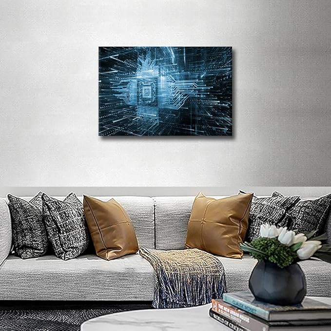 CPU Concept Canvas Wall Art AI Posters & Prints Artwork Virtual Space Contemporary Home Decor Stretched Canvas Picture for Living Room Bedroom Home Office Decor, 24x16in