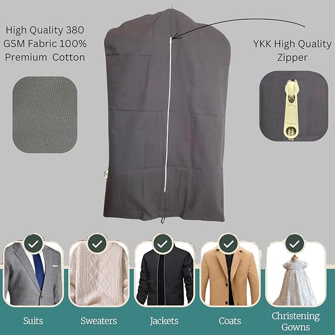 Garment Bag for Hanging Clothes – Organic Cotton Suit & Coat Cover with Zipper | Breathable Closet Organizer for Travel & Storage (Medium (24"x40"), Gray)