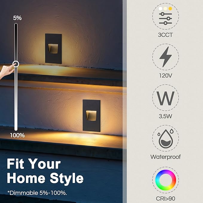 FTL 12-Pack LED Step Lights Outdoor Stair Lights Indoor, 120V Dimmable 3CCT 3000K/4000K/5000K Color Changing Deck Stair Lighting 150LM 3.5W, Waterproof Black Aluminum Staircase Vertical
