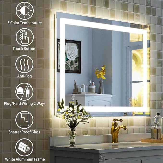 32'' x 24'' LED Bathroom Mirror with Lights, Wall Mirror with Front and Backlight, 3 Colors Vanity Mirror with Lights, Anti-Fog Wall Mirror for Bathroom
