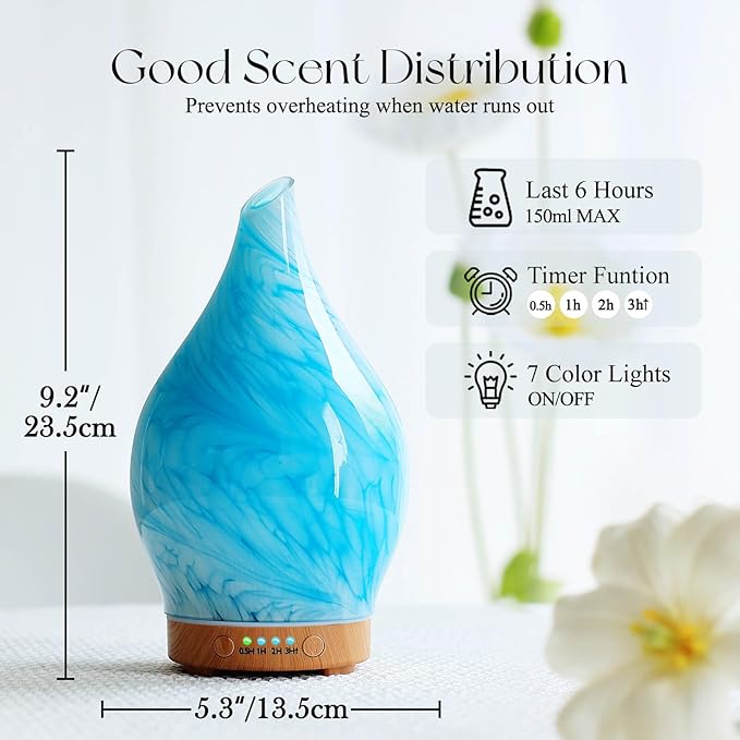 Porseme 150ml Essential Oil Diffuser Glass Color Changing Aroma Air Diffusers Aromatherapy Ultrasonic Cool Mist Humidifier 6 Running Hours Waterless Auto-Off for Sleeping Yoga Office Spa (Blue Wave)