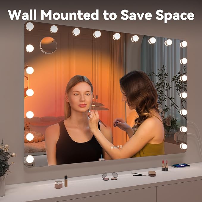 Hasipu LED Makeup Mirror with Bluetooth Speaker, 41" x 30" Makeup Mirror with Lights and Magnification, Hollywood Mirror with 3 Color Modes, LED Make up Mirror with USB & Type-C Charging
