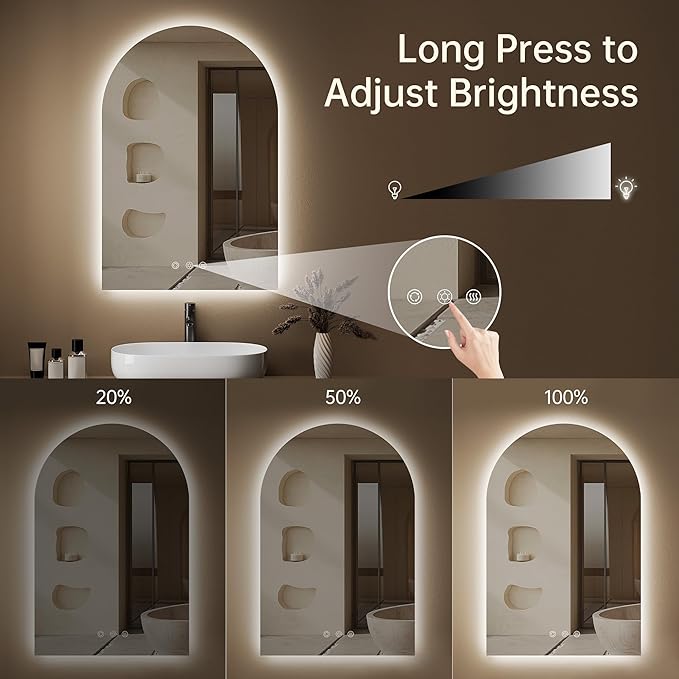 Arched Backlit Mirror Bathroom 24"x36"- Frameless LED Bathroom Mirror with Lights, Fogless, Dimmable, 3 Color Changing, Shatterproof, Touch Sensor