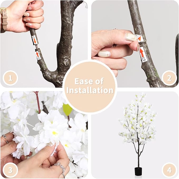 Faux White Cherry Blossom 6ft(72in) Artificial Floor Green Plant for Indoor Decor Natural Potted Tree with Texture Flowers Realistic Wood Trunk for Home Living Room,Office Perfect Housewarming Gift