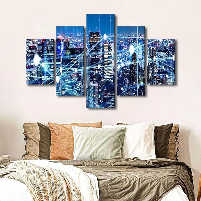 City Night Landscape Picture Modern Canvas Art Internet Companies Wall Decorate Big Data Worker Office Decorate Native Americans Home Decoration 5 Panel Poster Stretched Ready to Hang 60x40 Inch