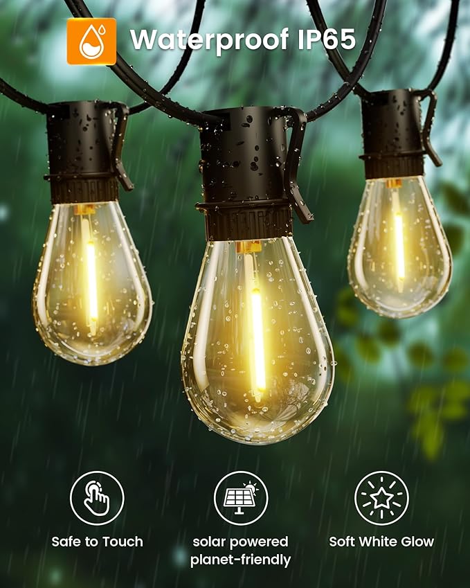 Torkase 60FT Solar Outdoor String Lights, 18+1 Shatterproof LED Bulbs, Waterproof, USB Rechargeable, 2200K Warm White, Energy-Saving Hanging Patio Lights for Garden, Porch, Bistro, Deck, Camping