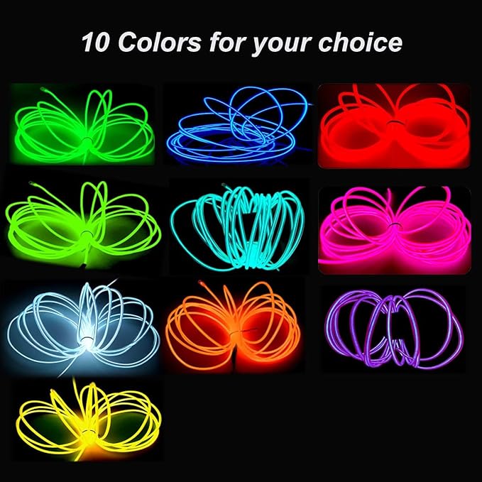 MaxLax EL Wire Red, 9.8ft/3m Portable Battery Pack Neon Light Strip 360° Cuttable Glowing Rope Lights for Parties, Halloween, DIY Decoration