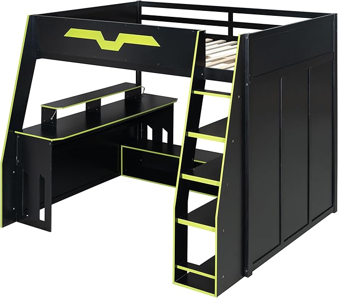 LUMISOL Full Size Wood Loft Bed with Desk and Multi-Storage Shelves, Gaming Loft Bed with RGB LED Lights and Adjustable Desk Placement, Space-Saving Game Bedframe with Under-Bed Storage, Green