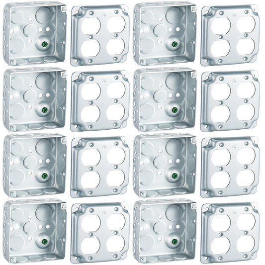 Copkim 8 Set 4 × 4" Electrical Junction Box with Cover Electrical Metal Outlet Box, 21.0 Cu. in. Capacity Receptacle Exposed Work Cover, 1-1/2'' Deep (Double Duplex Receptacle)