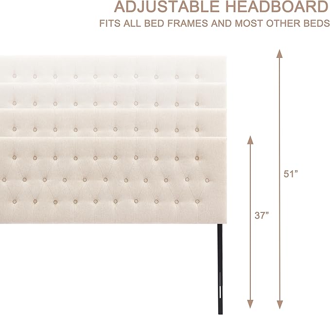 Tufted Upholstered Headboard Twin Size, Solid Wood Head Board with Durable Metal Legs, Adjustable Height Twin XL headboard from 37” to 51” Fabric Headboard in Modern Button Design, Beige