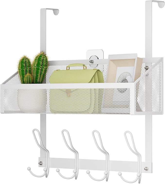 Over The Door Hooks Organizer, Back of Door Organizer with 12 Coat Hooks & Mesh Baskets Over The Door Towel Rack Door Hanger Storage Rack for Bathroom,Kitchen,Bedroom(White)