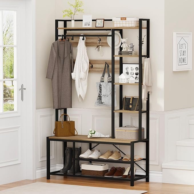 BON AUGURE Farmhouse Hall Tree for Entryway, Mudroom Bench with Shoe Storage, Large Coat Rack Shoe Bench with 5 Tier Open Shelves, Adjustable Side Hooks and Hanging Rod for Foyer (Vintage Oak)
