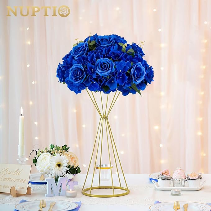 NUPTIO Artificial Flower Centrepieces for Tables - 2 Pcs Large Fake Flowers Roses Balls 15.7 inch Diam - Royal Blue Silk Faux Rose Arrangement Bouquet for Wedding Party Centerpiece Table Decorations
