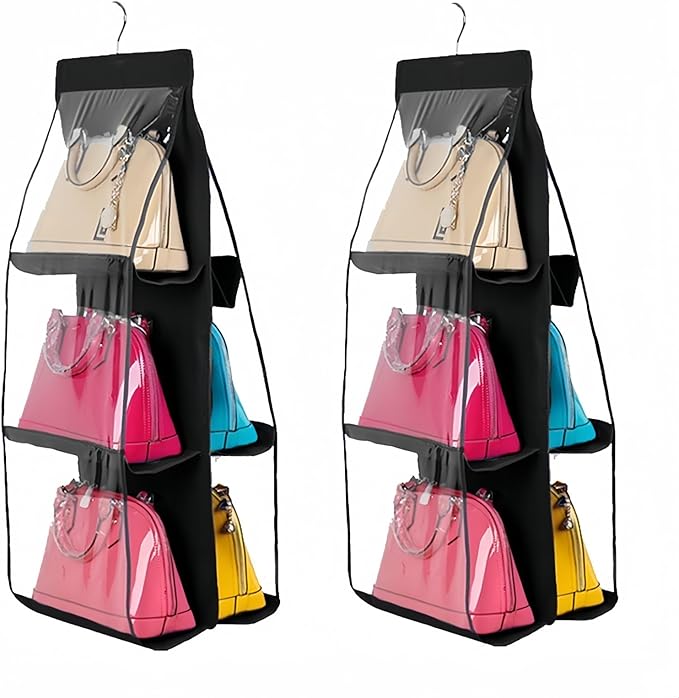HAN SHENG 6 Pockets Clear Handbag & Purse Organizer Hanging Bag Storage - Space Saving Hanging Shelf for Closet, Wardrobe, Over Door (2 Pack, Black)