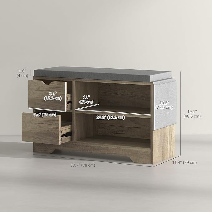 HOMCOM Shoe Bench with Storage, Modern Upholstered Entryway Bench with Open Shelves, Drawers and Pocket for Living Room, Hallway, Grey