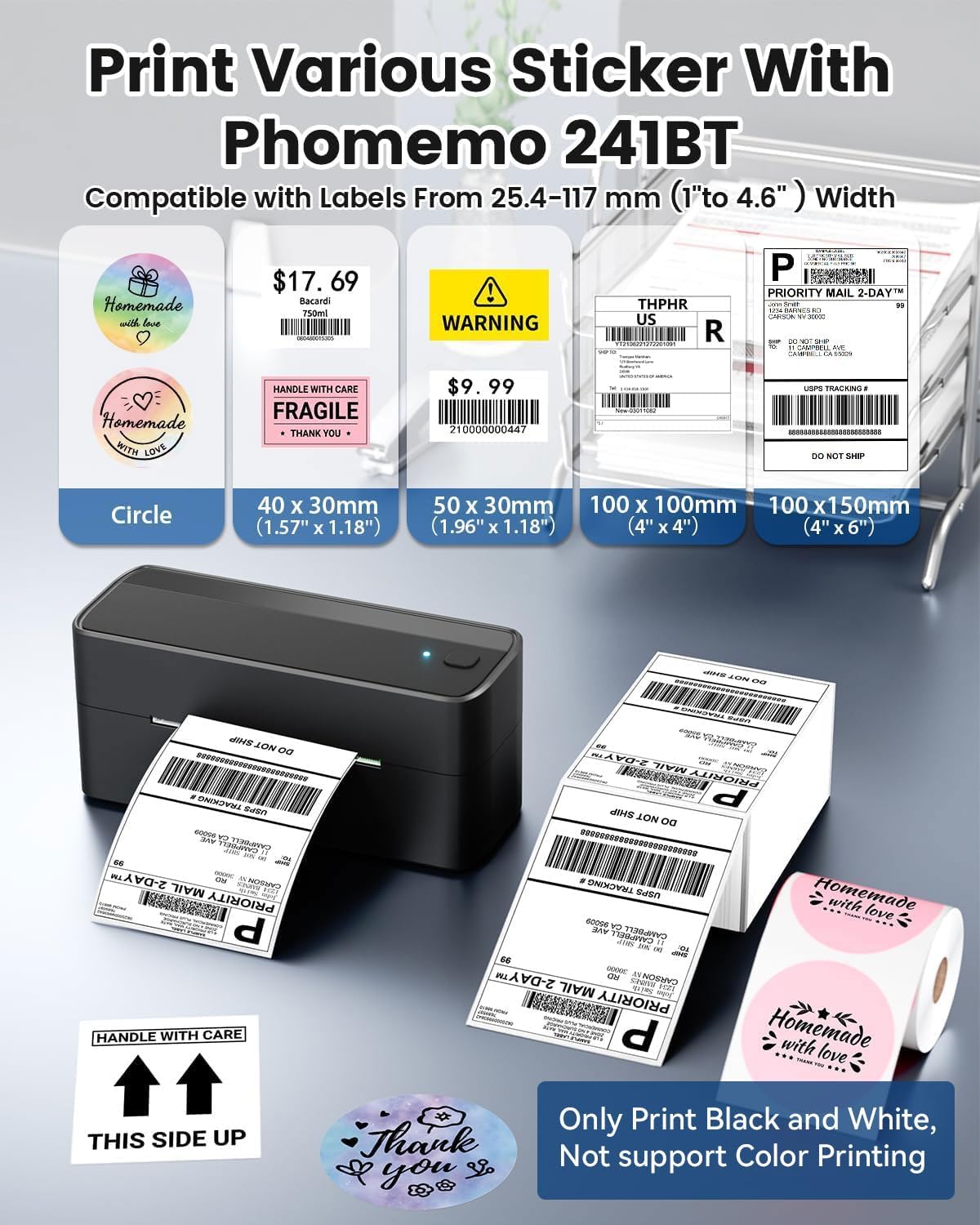 Phomemo Shipping Label Printer, 241BT 4X6 Wireless Thermal Label Printer for Small Business, Labels Printers for Shipping Package, Compatible with iPhone, Android, Amazon, Shopify, UPS, Black