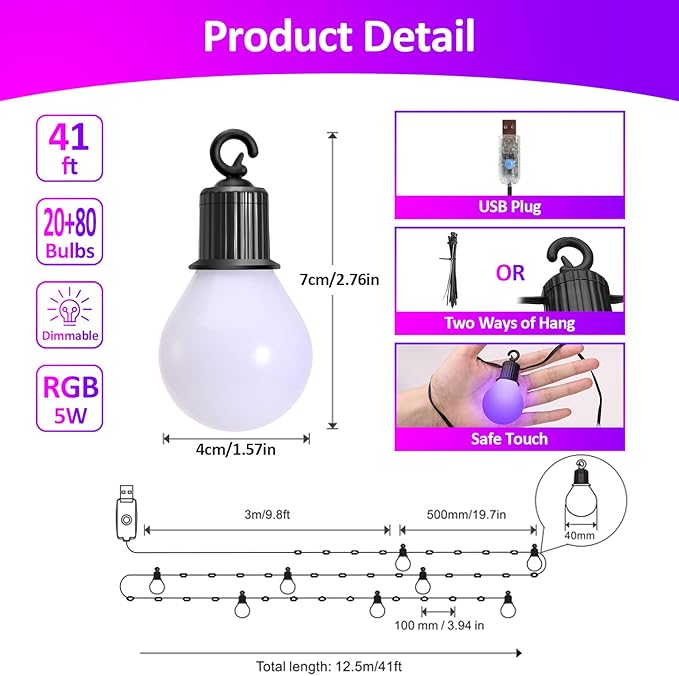 Outdoor String Lights 41ft 20 Dimmable Bulbs+80 LED Beads,RGB Patio Lights with Remote,IP65 Waterproof Shatterproof Color Changing String Lights USB Plug for Outside Garden Yard Party Decor