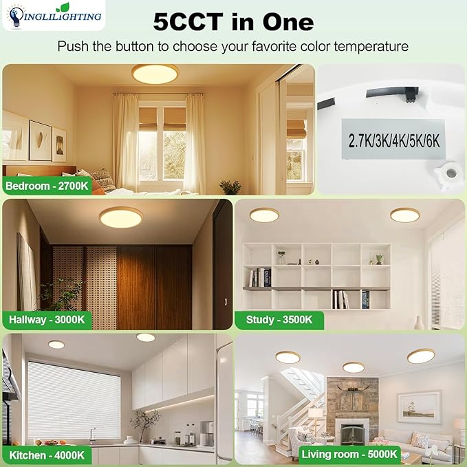 LED Flush Mount Ceiling Light: 7 inch 1Pack Super Slim Dimmable & 5CCT (2700-6500K) Kitchen Lighting Fixtures Ceiling - 12W Wooden Low Profile Ceiling Lamp for Bedroom Garage Hallway