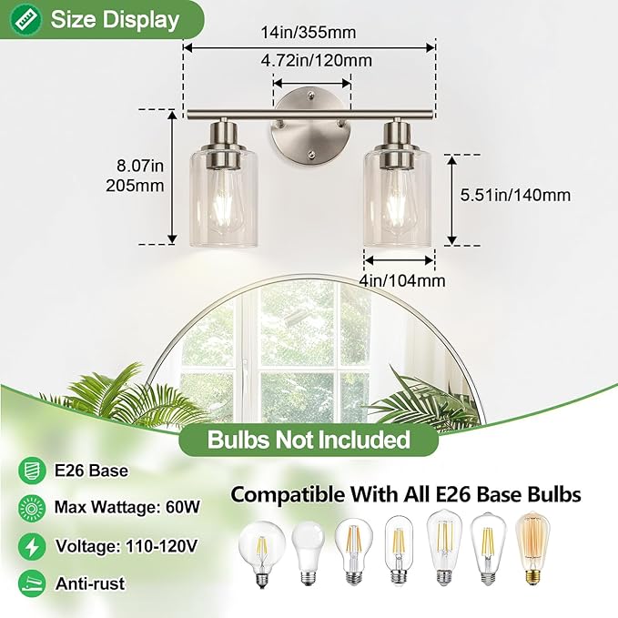 2-Light Bathroom Light Fixtures, Brushed Nickel Vanity Light, Modern Vanity Lights with Clear Glass Shade, Bathroom Wall Lamp for Mirror Kitchen Living Room Hallway Cabinet Porch