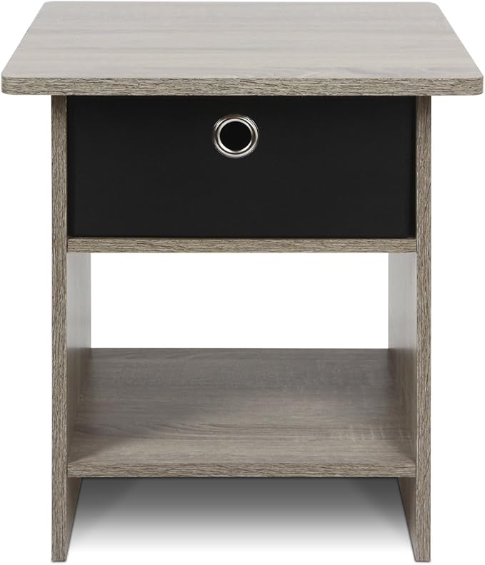Furinno Dario End Table / Side Table / Night Stand / Bedside Table with Bin Drawer, 1-Pack, French Oak Grey/Black