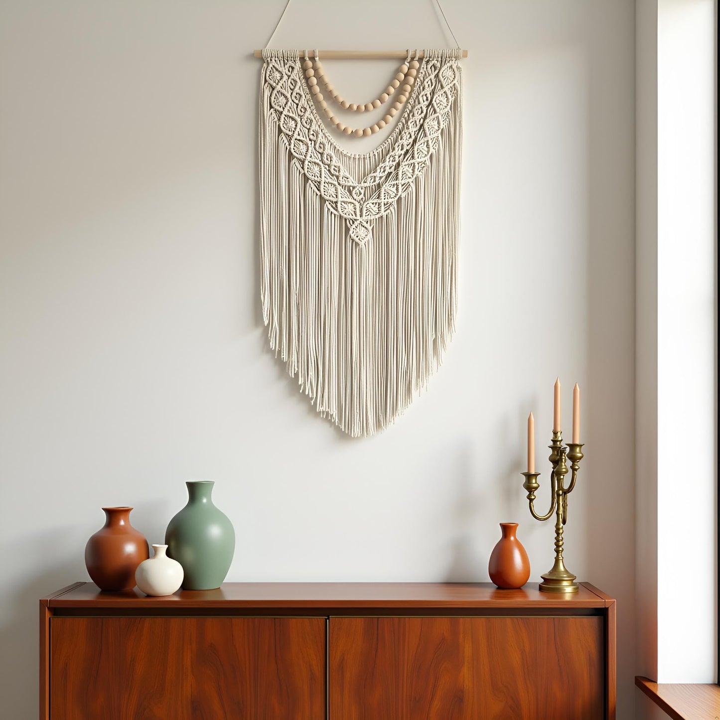 guzhiou Macrame Wall Hanging Boho Geometric Woven Tapestry Cotton Handmade Bohemian Art Decor with Wood Bead Wall Decor for Bedroom Living Room Apartment Nursery 31.5" L x 17"" W (Wood bead-B)"