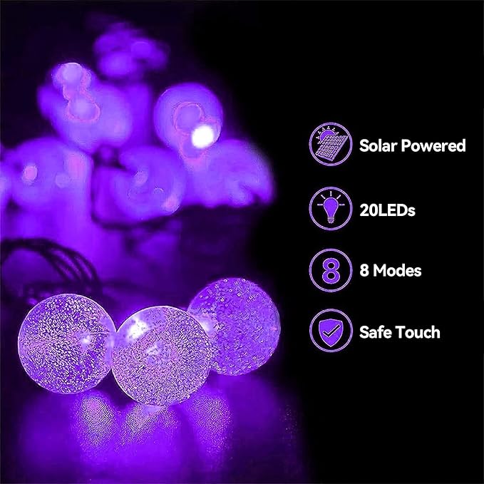 20 LED Decorations Crystal Globe Solar String Outdoor Lights with 8 Lighting Modes Waterproof Solar Powered Patio Hanging Light for Garden Yard Porch Wedding Party Decor(Purple)