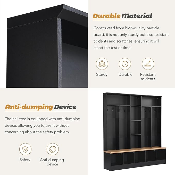 4 in 1 Hall Tree with Shoe Bench, Wood Entryway Storage Bench with Cube Storage & Shelves Multifunctional Coat Rack with 8 Hooks for Home Office Bedroom Mudroom Living Room, Black