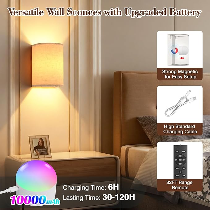 Battery Operated Wall Sconce Set of Two: 10000mAh Wireless Wall Light with Rechargeable Magnetic Bulb - Dimmable Wall Lamp with 7 RGB Colors - Linen Shade Sconces with Remote for Bedroom Living Room
