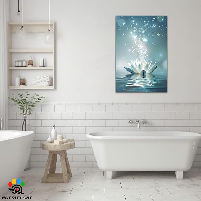 Zen White Lotus Flower Canvas Wall Art, Lotus Flower Pictures Bathroom Zen Print, Spiritual Water Lily Canvas Prints, Lotus Bloom on Water Poster, Zen Calm Relax Artwork for Yoga Spa Room 28x40 inch
