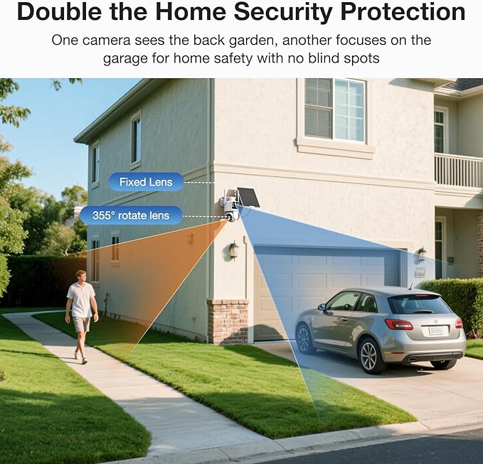 Dual Lens Solar Security Cameras Wireless Outdoor, 2K Full HD Video, 360° View Pan/Tilt Home Security Camera with Color Night Vision, Easy to Install, PIR Alarm, 2.4GHz WiFi