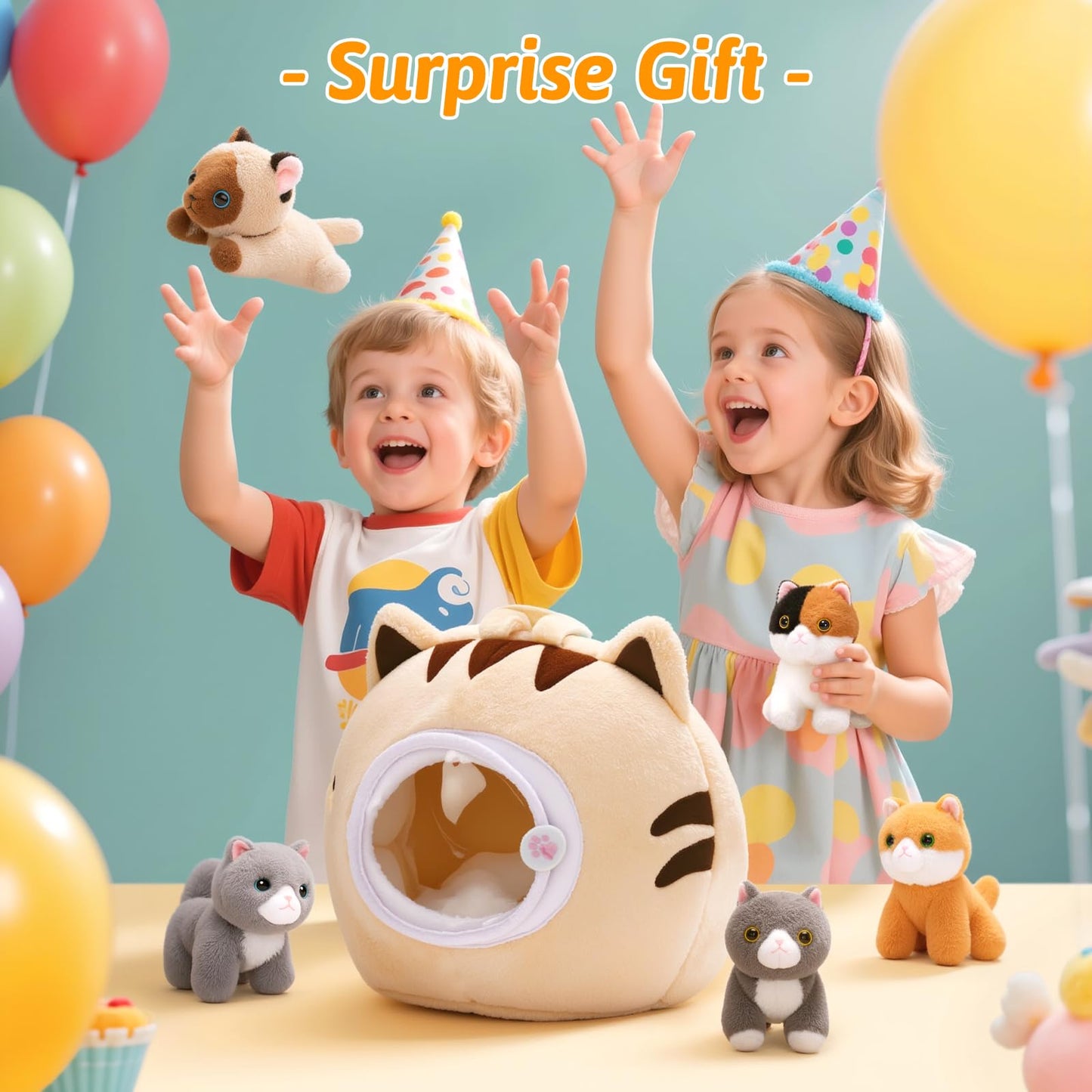 OUOZZZ Cat Stuffed Animal House – Plush Kitten Toy Set with 5 Soft Cats – Interactive & Travel-Friendly Kitties Carrier Playset for Toddlers & Kids – Huggable, Portable Birthday Gift for Baby Girls