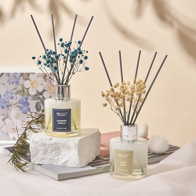 Airkeep Reed Diffuser 3.38 oz (100ml) 2pk,Clean Linen/Cashmere Vanilla Scented Reed Diffuser Set,Reed Diffuser & Oil Diffuser Sticks, Aromatherapy, Home & Kitchen Décor,Fragrance and Gifts