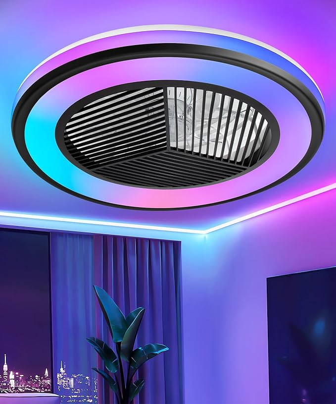 2-in-1 Low Profile Ceiling Fan with Light, 20” Caged Safety Design for Kids - RGB Color, Smart APP/Remote Control, Quiet Flush Mount DC Motor, Triangle, Ideal for Bedroom/Living Room/Kitchen, Black