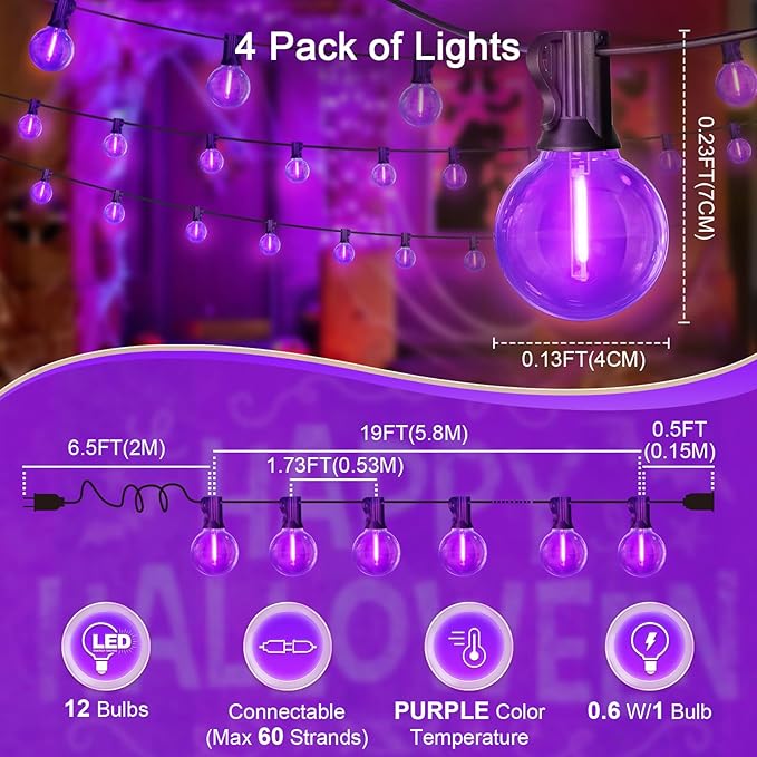 LAMPHOME G40 LED Outdoor Halloween Christmas String Lights, 4PK 26FT Patio Lights with 12+1 Edison Shatterproof Bulbs, Connectable Outside String Lights for Backyard Porch Holiday Decor, Purple