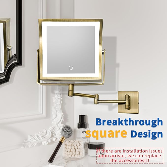Ruacq Rechargeable Wall Mounted Makeup Mirror with Lights, Double Sided 1X/10X Magnifying Vanity Mirror with 3 Color Lights, Touch Screen Dimmable, 360° Rotation Extension Foldable Arm(Antique Brass)