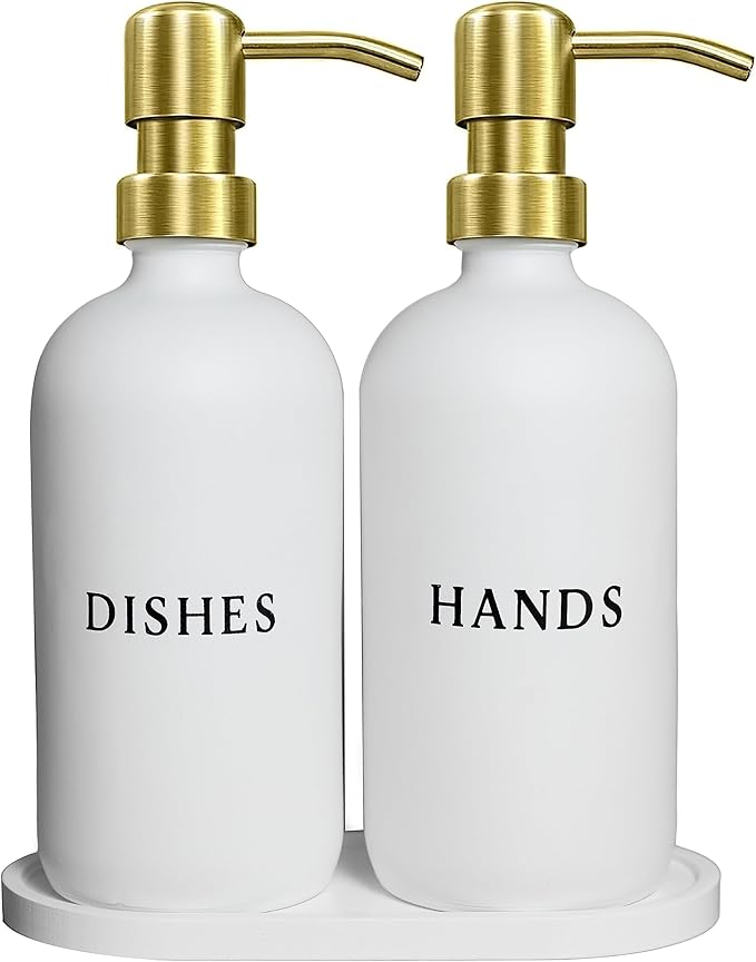 Glass Hand and Dish Soap Dispenser Set with Bamboo Tray – 16 oz Kitchen Soap Dispenser Set, Gold Pumps, Silicone Funnel – Modern Farmhouse Kitchen Sink Decor and Accessories